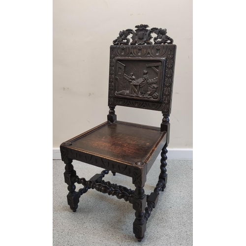 506 - Jacobean revival carved oak hall chair, with a carved leaf and scroll surmount, above carved panel d... 