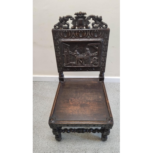 506 - Jacobean revival carved oak hall chair, with a carved leaf and scroll surmount, above carved panel d... 