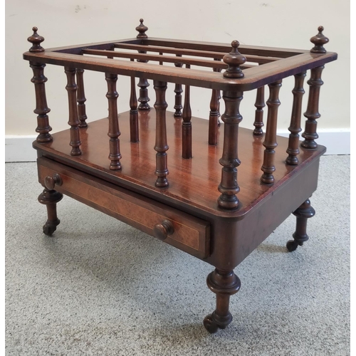 507 - Victorian inlaid walnut Canterbury, the three division top on multiple turned columns, above single ... 