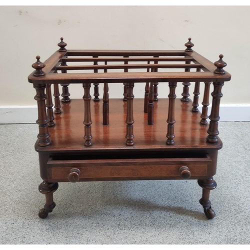 507 - Victorian inlaid walnut Canterbury, the three division top on multiple turned columns, above single ... 