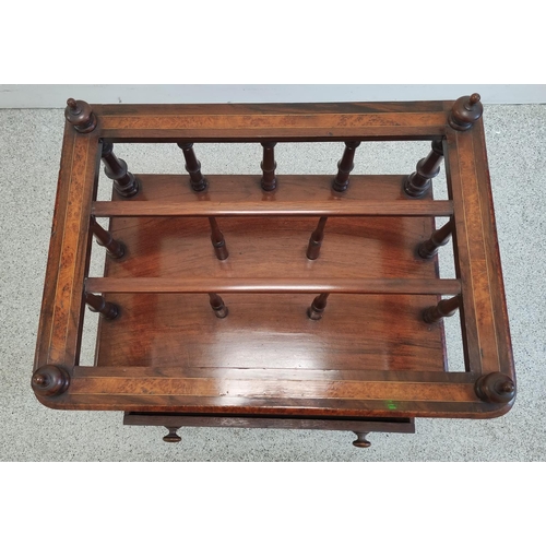 507 - Victorian inlaid walnut Canterbury, the three division top on multiple turned columns, above single ... 