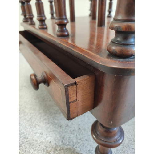 507 - Victorian inlaid walnut Canterbury, the three division top on multiple turned columns, above single ... 