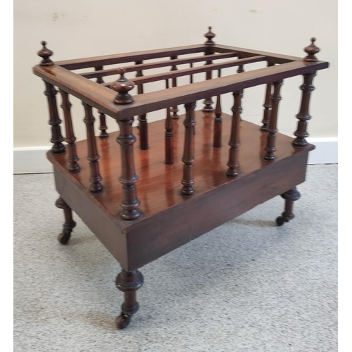 507 - Victorian inlaid walnut Canterbury, the three division top on multiple turned columns, above single ... 