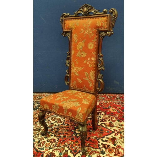 508 - Victorian mahogany and rosewood framed hall chair modelled as a Prie Dieu, the scroll frame with pla... 