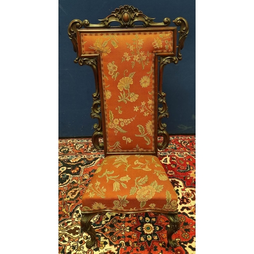 508 - Victorian mahogany and rosewood framed hall chair modelled as a Prie Dieu, the scroll frame with pla... 