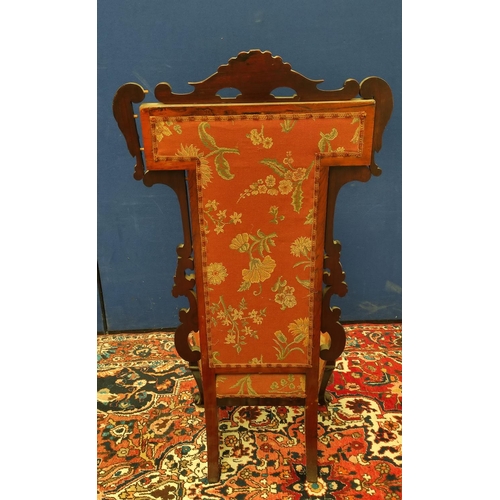 508 - Victorian mahogany and rosewood framed hall chair modelled as a Prie Dieu, the scroll frame with pla... 