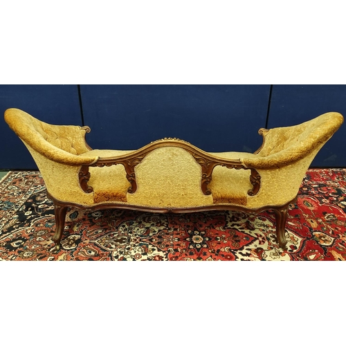 509 - Victorian mahogany scroll end settee upholstered in later gold coloured button back dralon, decorate... 