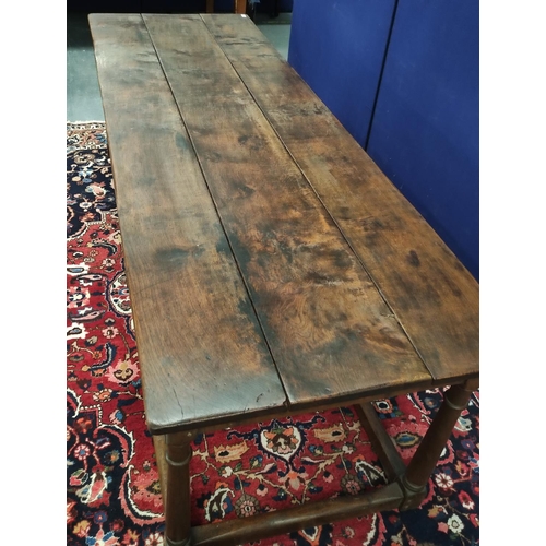 510 - Good Jacobean revival refectory dining table with a detachable plank top, on plain beams and turned ... 