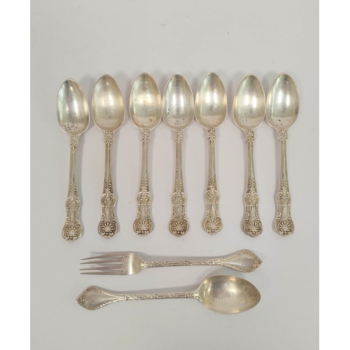 153 - Six silver tea spoons of queen's pattern by George Adams, 1858 and a christening spoon and fork, all... 