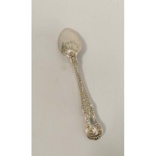 153 - Six silver tea spoons of queen's pattern by George Adams, 1858 and a christening spoon and fork, all... 