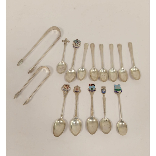 154 - Silver sugar tongs by W. Bateman, 1822, another 1799, a set of tea spoons, 1912 and various others, ... 