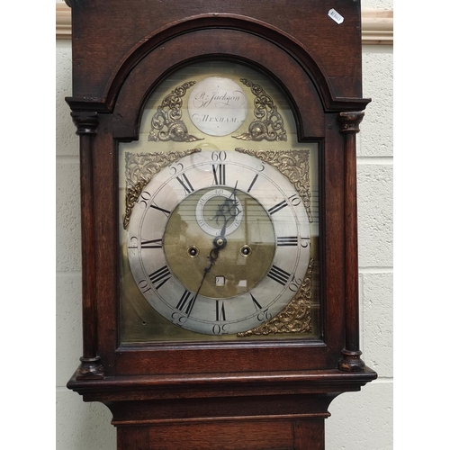 170 - Eight day long case clock by R Jackson, Hexham, with silver and brass 12¼