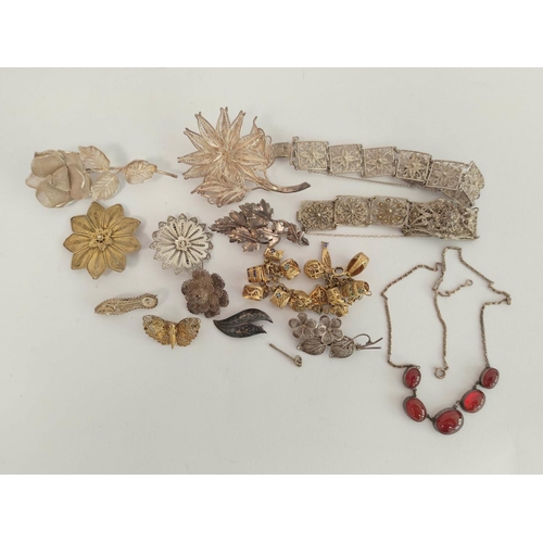 46 - Silver and carnelain bracelet, a silver gilt filigree bracelet and various similar items.