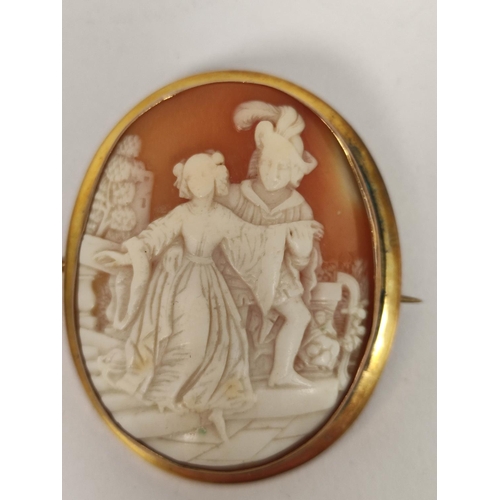 77 - Victorian cameo brooch with figures dancing, in gold, probably 15ct.