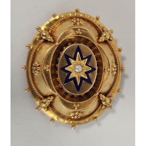 78 - Victorian gold and opal brooch with pearl and enamelled star, probably 15ct, 14g gross.