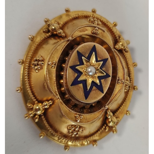 78 - Victorian gold and opal brooch with pearl and enamelled star, probably 15ct, 14g gross.