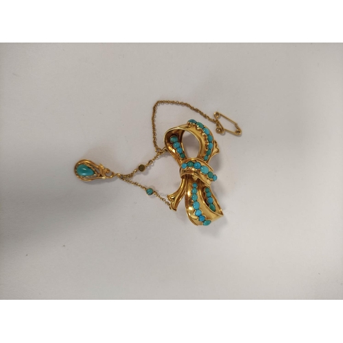 84 - Victorian gold scroll brooch with rows of turquoise and drop, probably 15ct, 8.5g.