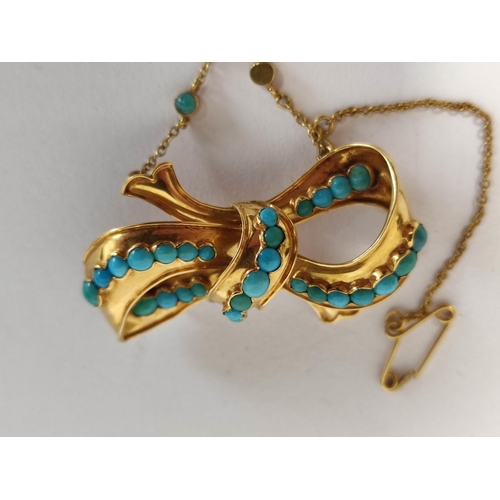 84 - Victorian gold scroll brooch with rows of turquoise and drop, probably 15ct, 8.5g.