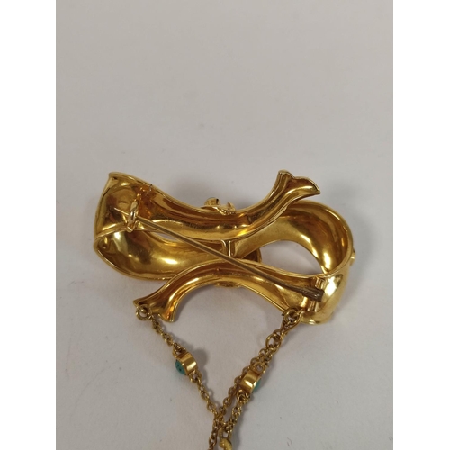 84 - Victorian gold scroll brooch with rows of turquoise and drop, probably 15ct, 8.5g.