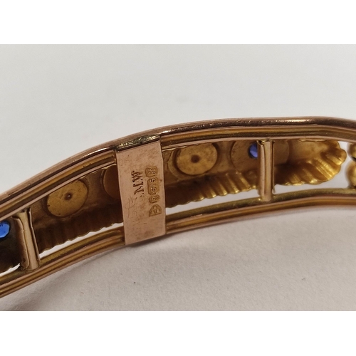 85 - 9ct gold bangle with tiny diamonds and sapphires, Chester 1908, 8.2g.