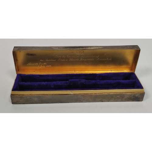 95 - Silver pencil box, parcel gilt inscribed '...Women's Temperance Association...Naworth Castle...1906'... 