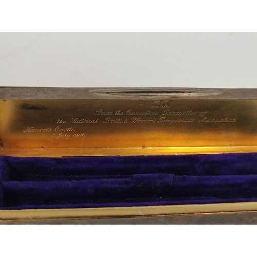 95 - Silver pencil box, parcel gilt inscribed '...Women's Temperance Association...Naworth Castle...1906'... 