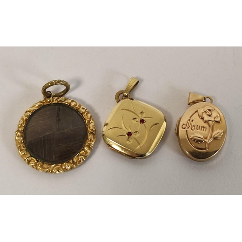 97 - Victorian black champlevé enamel locket, part gold and another two 9ct. 13.7g (3).