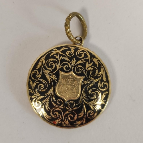 97 - Victorian black champlevé enamel locket, part gold and another two 9ct. 13.7g (3).