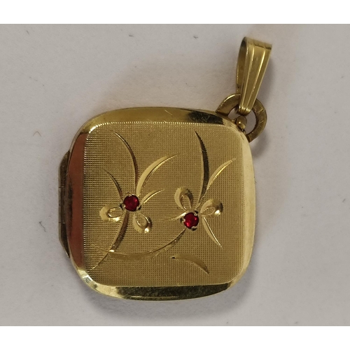 97 - Victorian black champlevé enamel locket, part gold and another two 9ct. 13.7g (3).