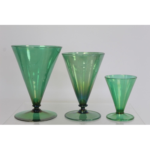 206 - Art Deco green lustre glass part suite of drinking glasses, all with conical bowls on short waisted ... 