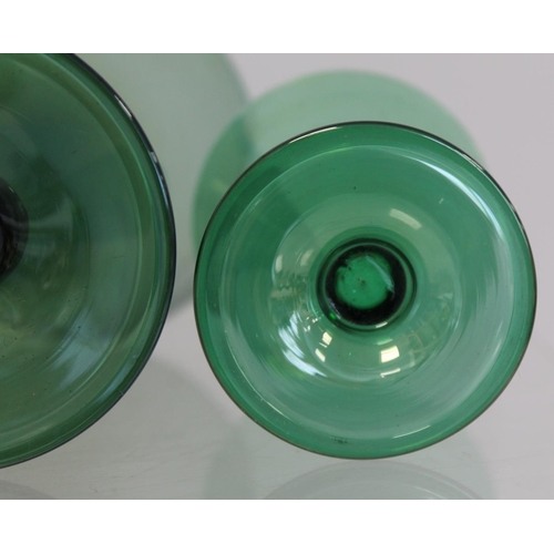 206 - Art Deco green lustre glass part suite of drinking glasses, all with conical bowls on short waisted ... 