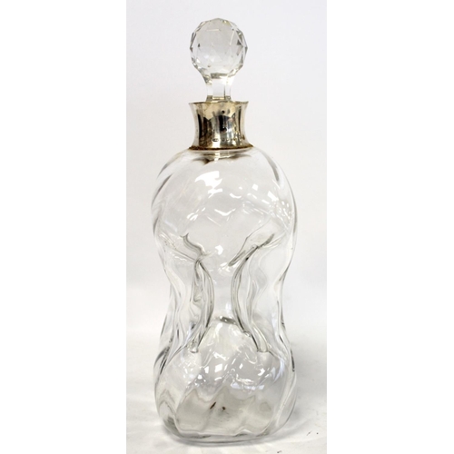 210 - Edwardian blown glass decanter of waisted form with internal ribbing, silver rim and faceted stopper... 