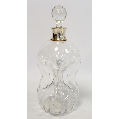 210 - Edwardian blown glass decanter of waisted form with internal ribbing, silver rim and faceted stopper... 