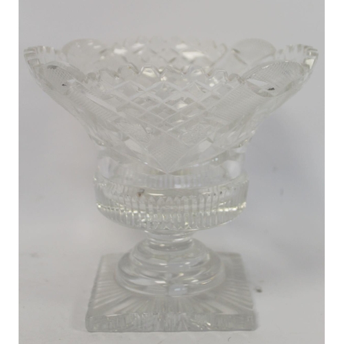 212 - Cut glass sweetmeat bowl of campana form with short concave stem and square foot, 18cm high; another... 