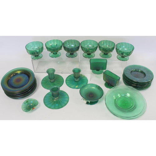 213 - Collection of various items of green glass tableware, comprising: six lustre sundae dishes; three se... 