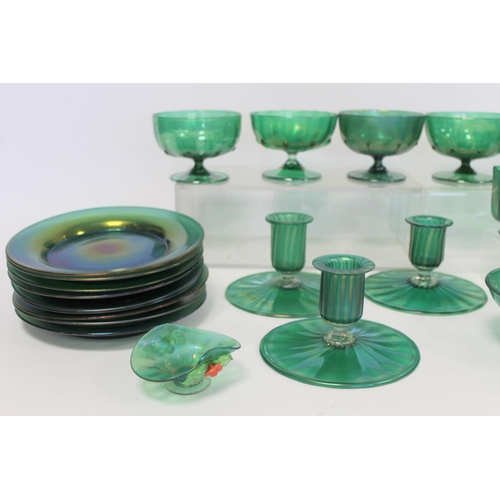 213 - Collection of various items of green glass tableware, comprising: six lustre sundae dishes; three se... 