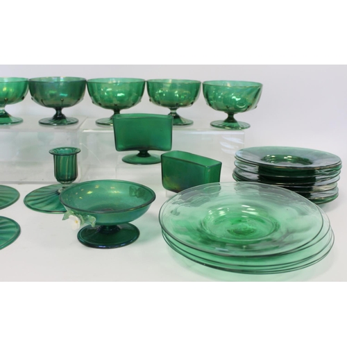 213 - Collection of various items of green glass tableware, comprising: six lustre sundae dishes; three se... 