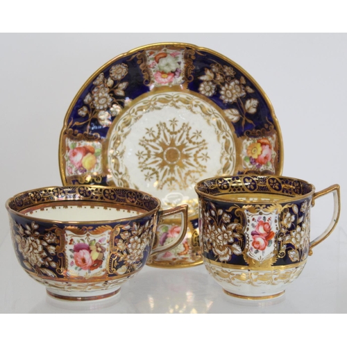 215 - Early 19th century English porcelain part tea set with polychrome painted floral panels on a dark bl... 