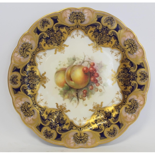 216 - Three Royal Worcester porcelain dessert plates of lobed circular form with hand painted central pane... 