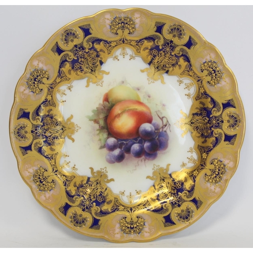 216 - Three Royal Worcester porcelain dessert plates of lobed circular form with hand painted central pane... 