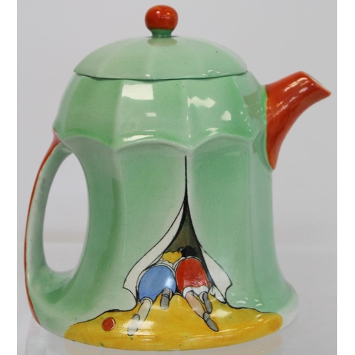 217 - Shelley nursery teapot designed by Hilda Cowhan, c.1930, moulded in the form of a tent with children... 