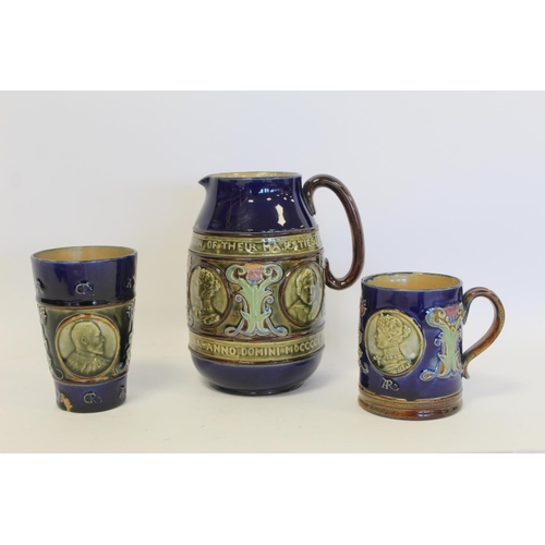 227 - Royal Doulton Commemorative stoneware jug, beaker and mug for The Coronation of Edward VII and Queen... 