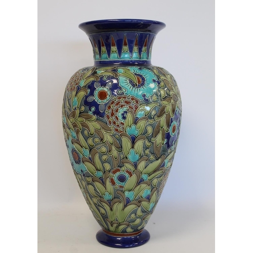 228 - Large Burmantofts Faience art pottery vase of baluster form with tube lined and incised Persian styl... 