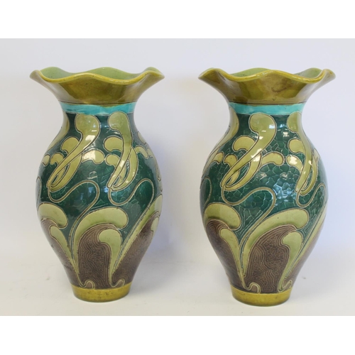 229 - Pair of Burmantofts art pottery vases of baluster form with lobed flared rims and scrolling sgraffit... 