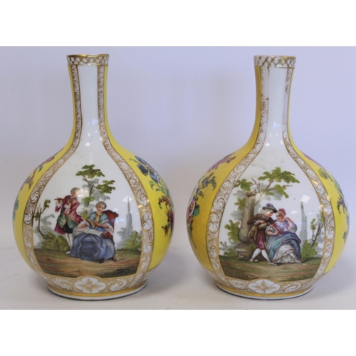 230 - Pair of German Helena Wolfsohn porcelain bottle vases with alternating panels of courting couples an... 