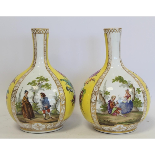 230 - Pair of German Helena Wolfsohn porcelain bottle vases with alternating panels of courting couples an... 