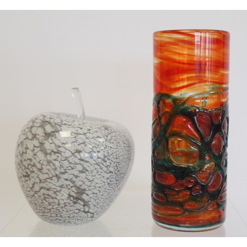 231 - John Ditchfield Glasform studio glass hand blown apple with internal white mottled decoration, label... 