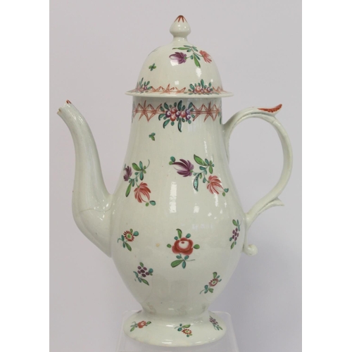 233 - 18th century English pearlware coffee pot of baluster form decorated with polychrome floral sprigs, ... 