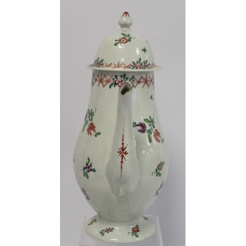 233 - 18th century English pearlware coffee pot of baluster form decorated with polychrome floral sprigs, ... 