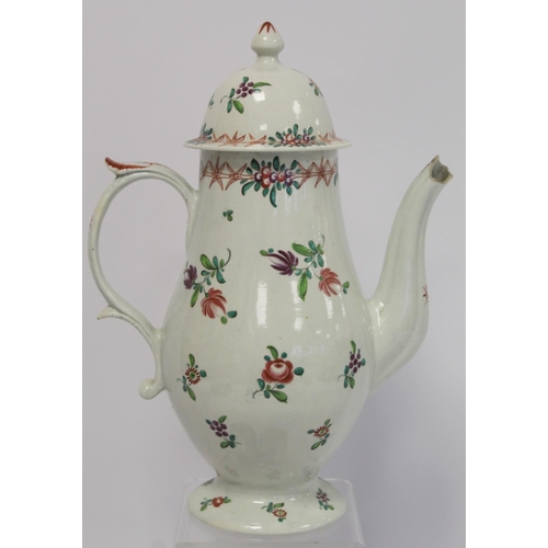 233 - 18th century English pearlware coffee pot of baluster form decorated with polychrome floral sprigs, ... 